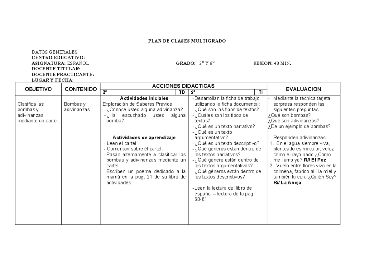 PLAN DE CLASES MULTIGRADO: ESPAÑOL 2º Y 6º GRADO - Studocu