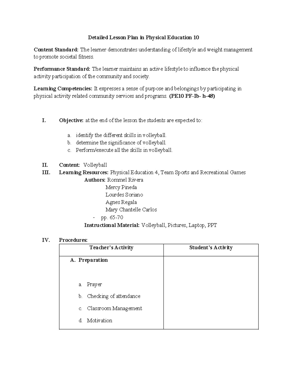 Detailed Lesson Plan for PE10: Volleyball Skills and Significance - Studocu