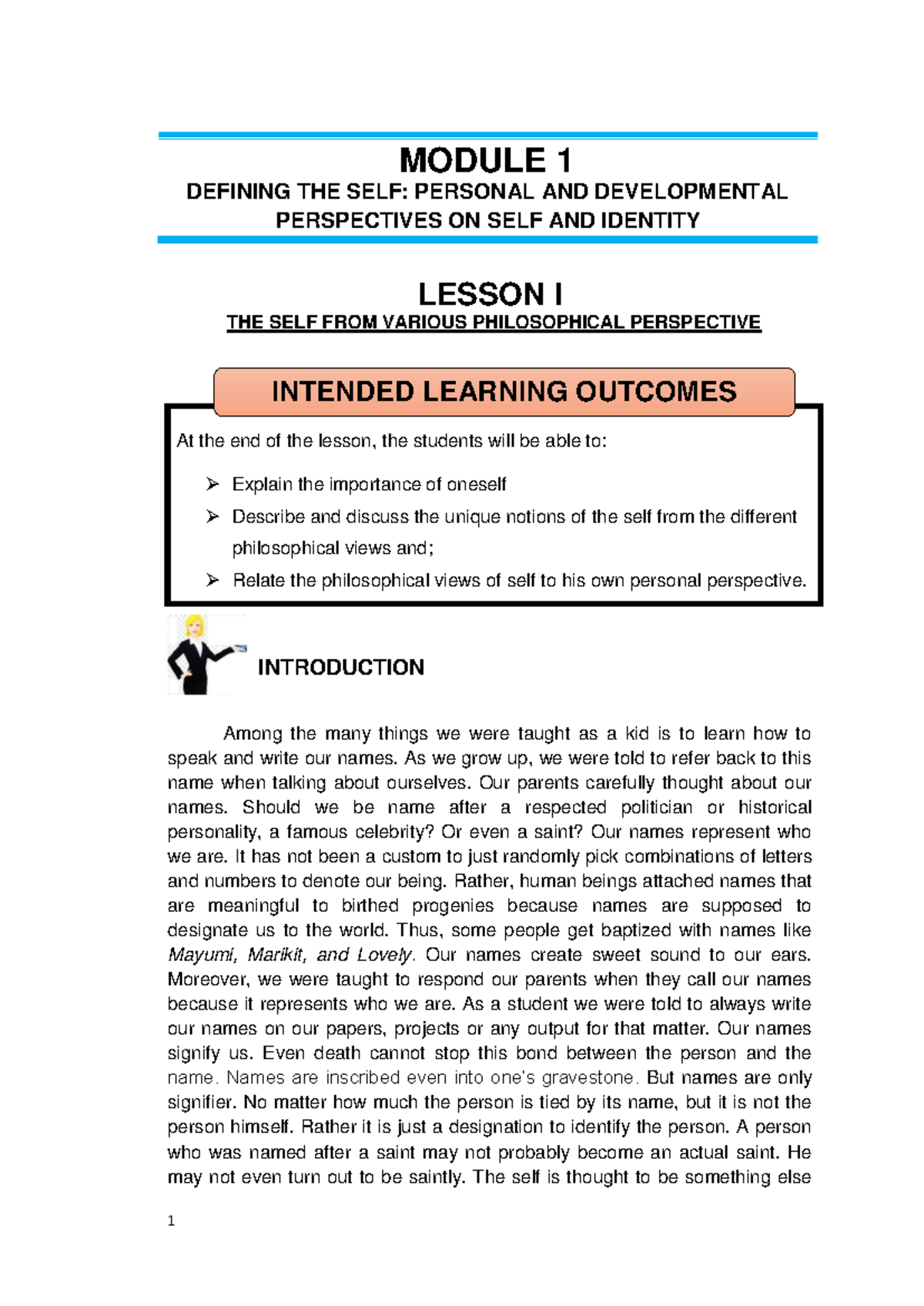 MODULE 1: DEFINING THE SELF - PERSONAL AND DEVELOPMENTAL PERSPECTIVES ...