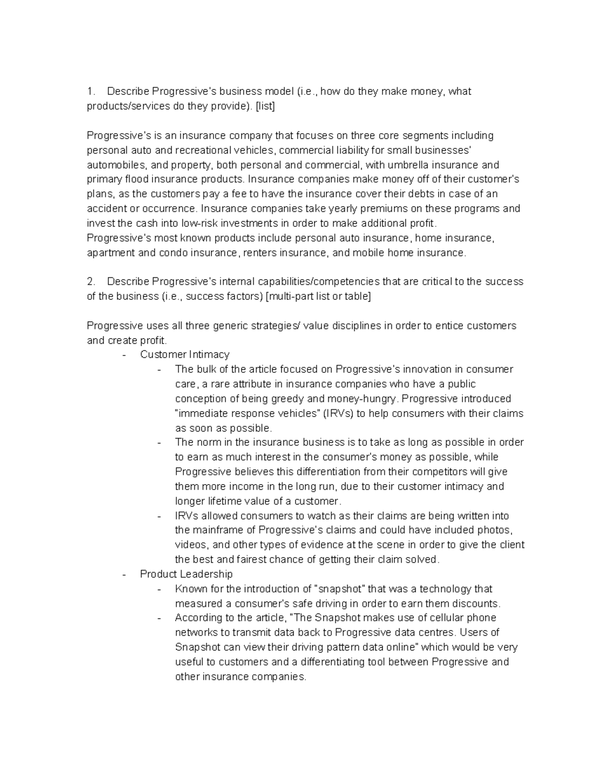 Progressive Case Study - 1. Describe Progressive’s business model (i ...