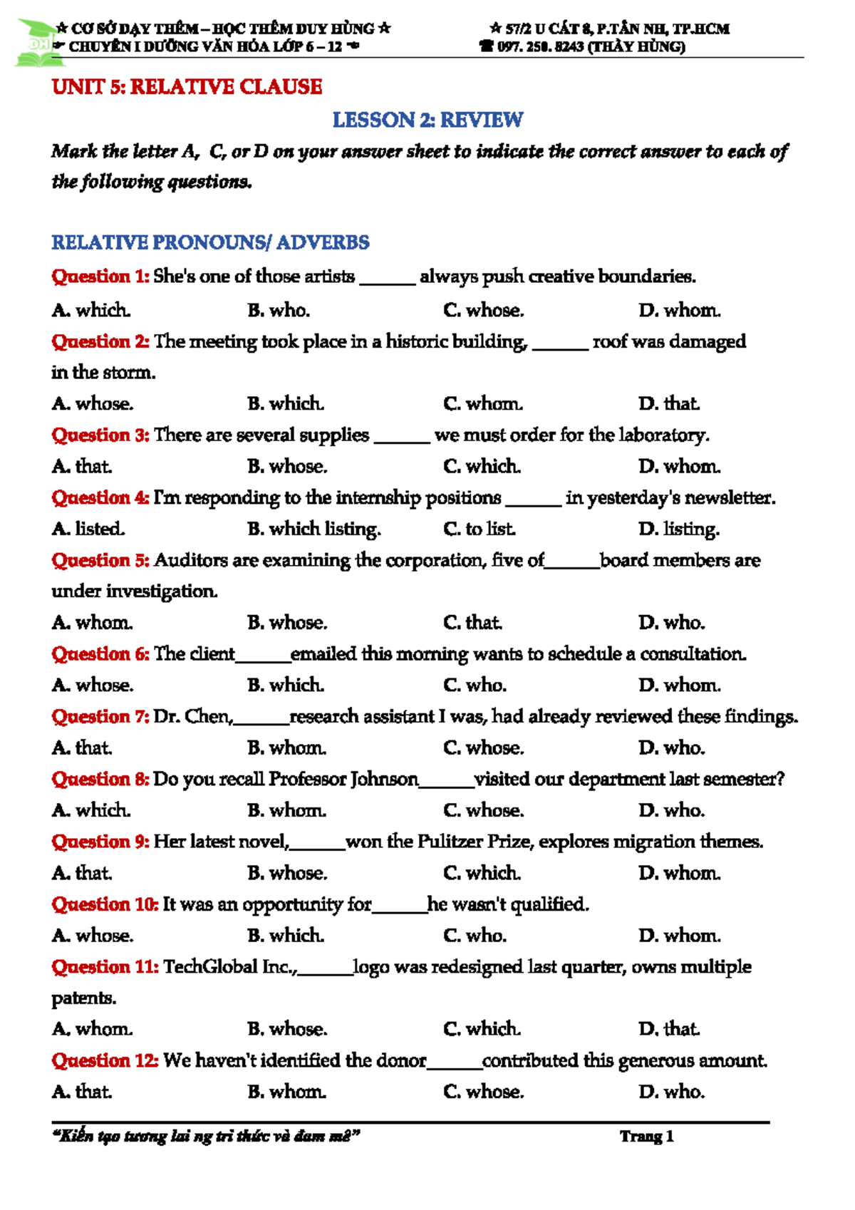 ĐGNL2027 UNIT 5: RELATIVE CLAUSE LESSON 2 REVIEW - Studocu
