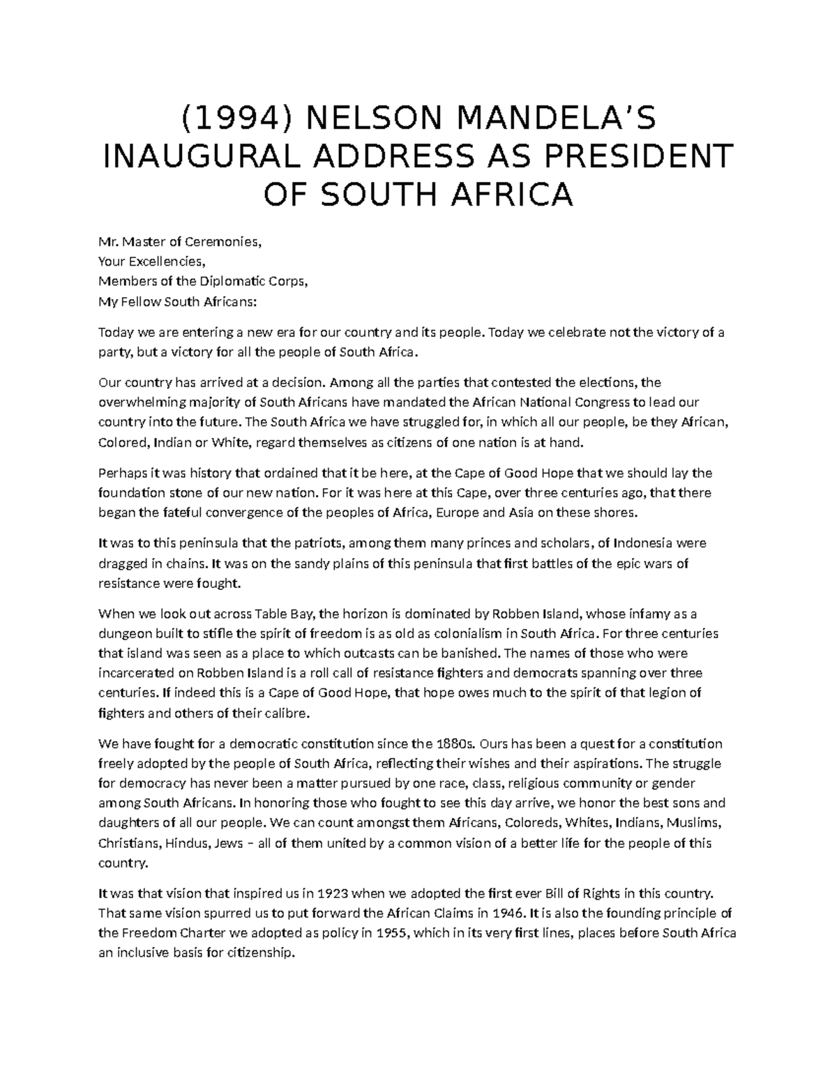 Nelson Mandela's Inaugural Speech as President of South Africa - Studocu