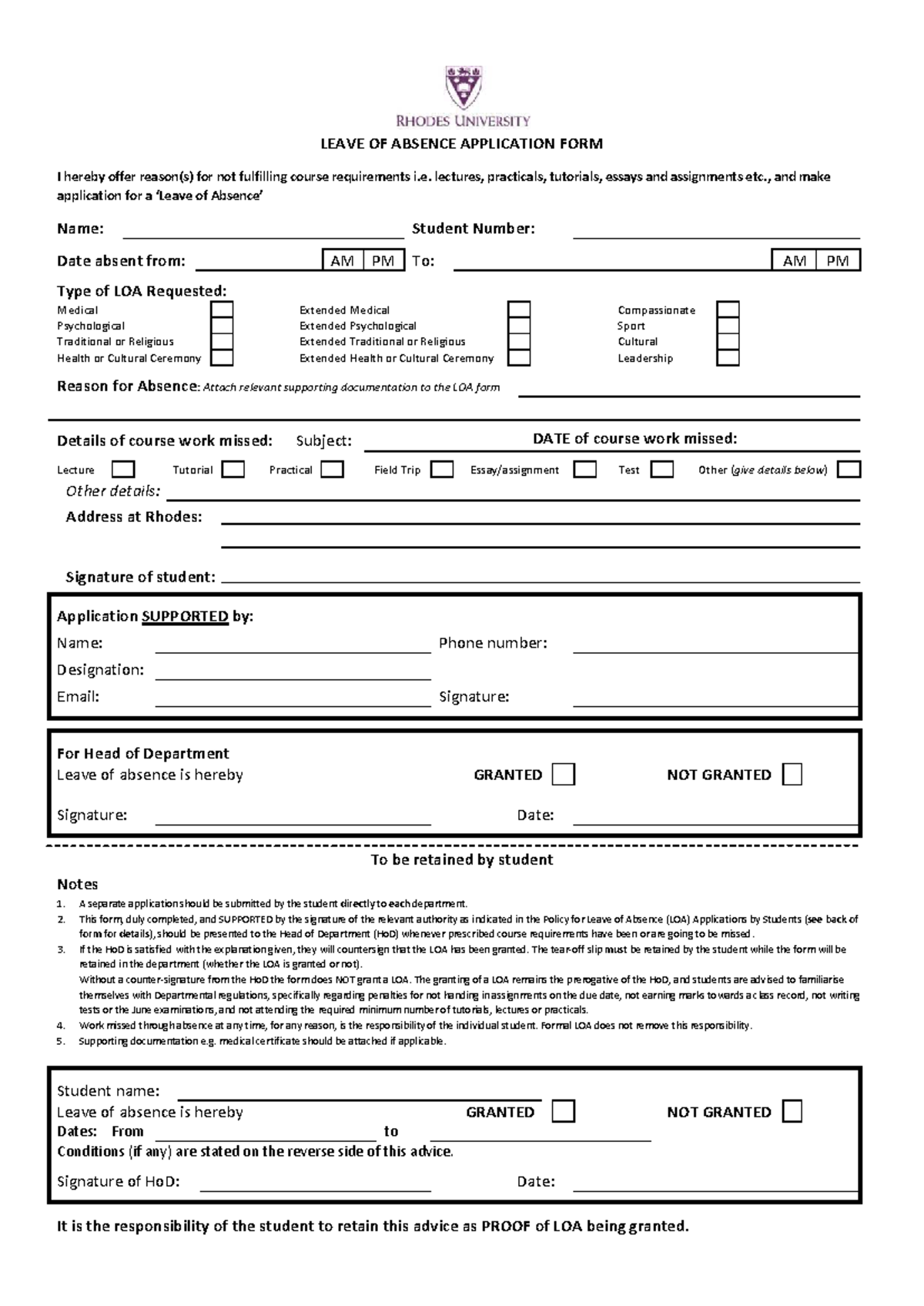 Leave of Absence Application Form for Botany Course - Studocu
