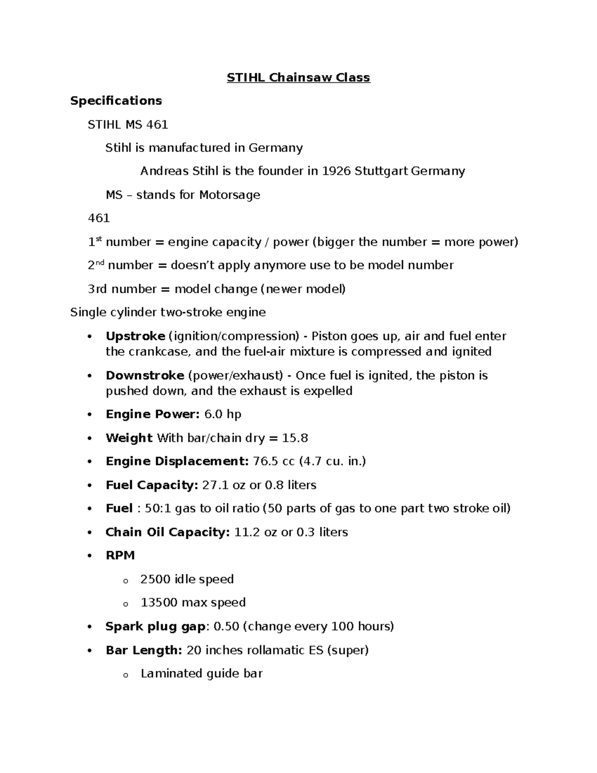 STIHL MS 461 Chainsaw Class Specifications and Safety Guidelines - Studocu