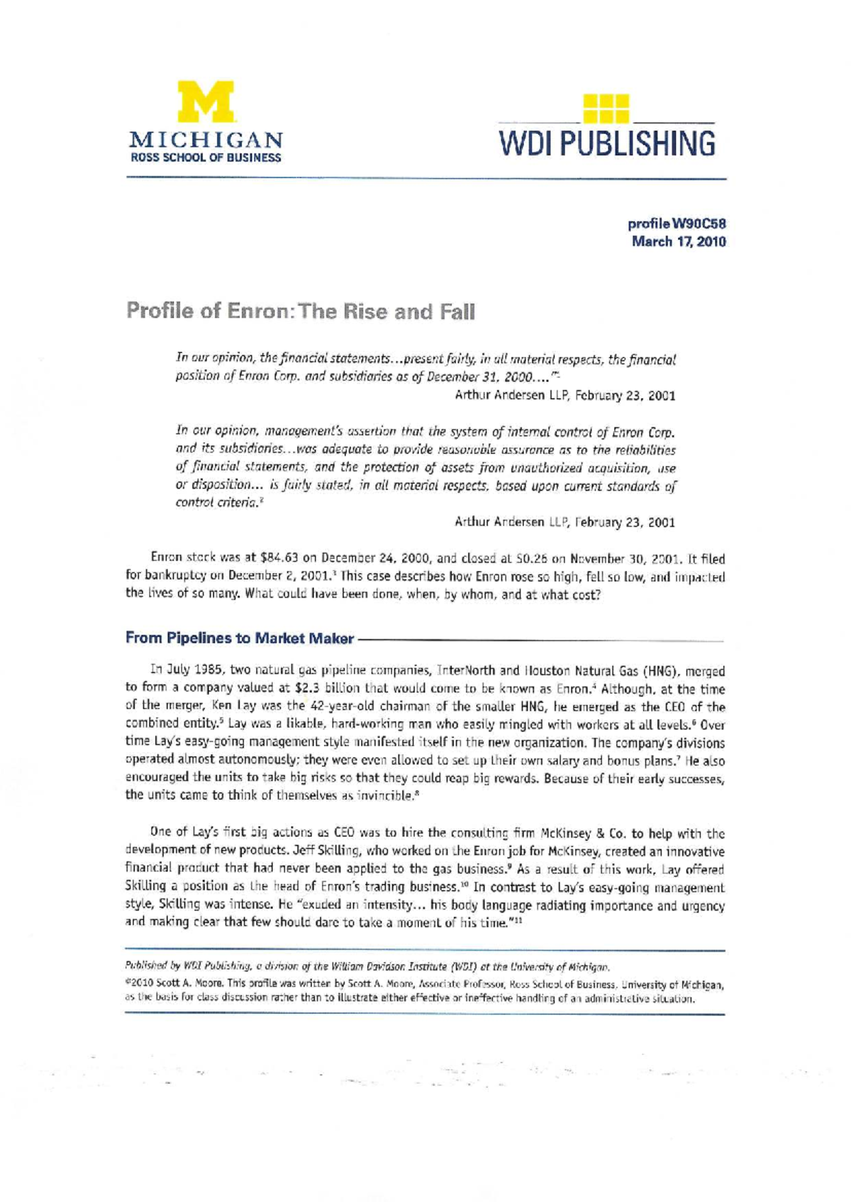 Profile of Enron: The Rise and Fall W90C58 - A Case Study Analysis ...
