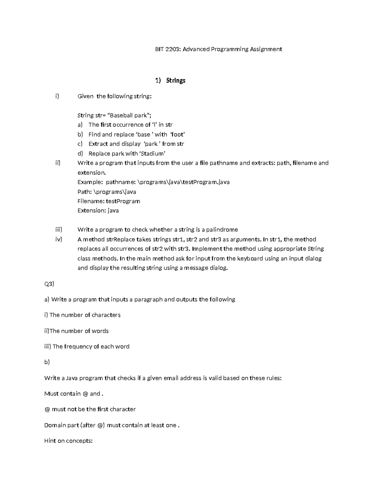 BIT 2203: Advanced Programming Assignment on Strings and Regex - Studocu