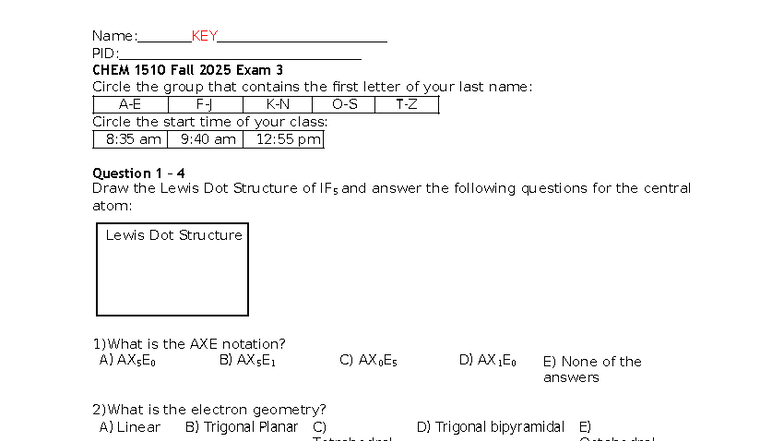 CHEM 1510 Fall 2025 Exam 3 Key - Final Answers - Studocu