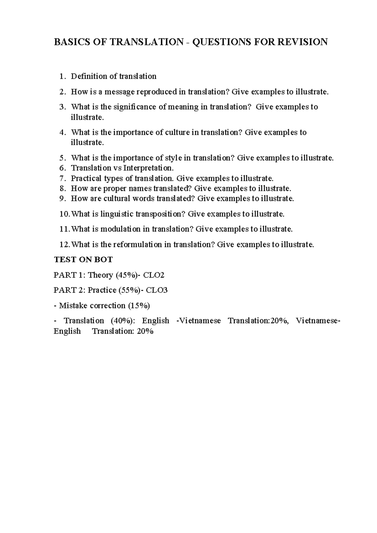 BASICS OF TRANSLATION REVISION QUESTIONS - DỊCH ĐẠI CƯƠNG - Studocu