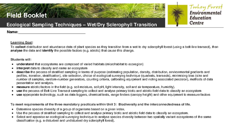 Ecological Sampling Techniques Fieldbooklet 2022 Revision - Studocu
