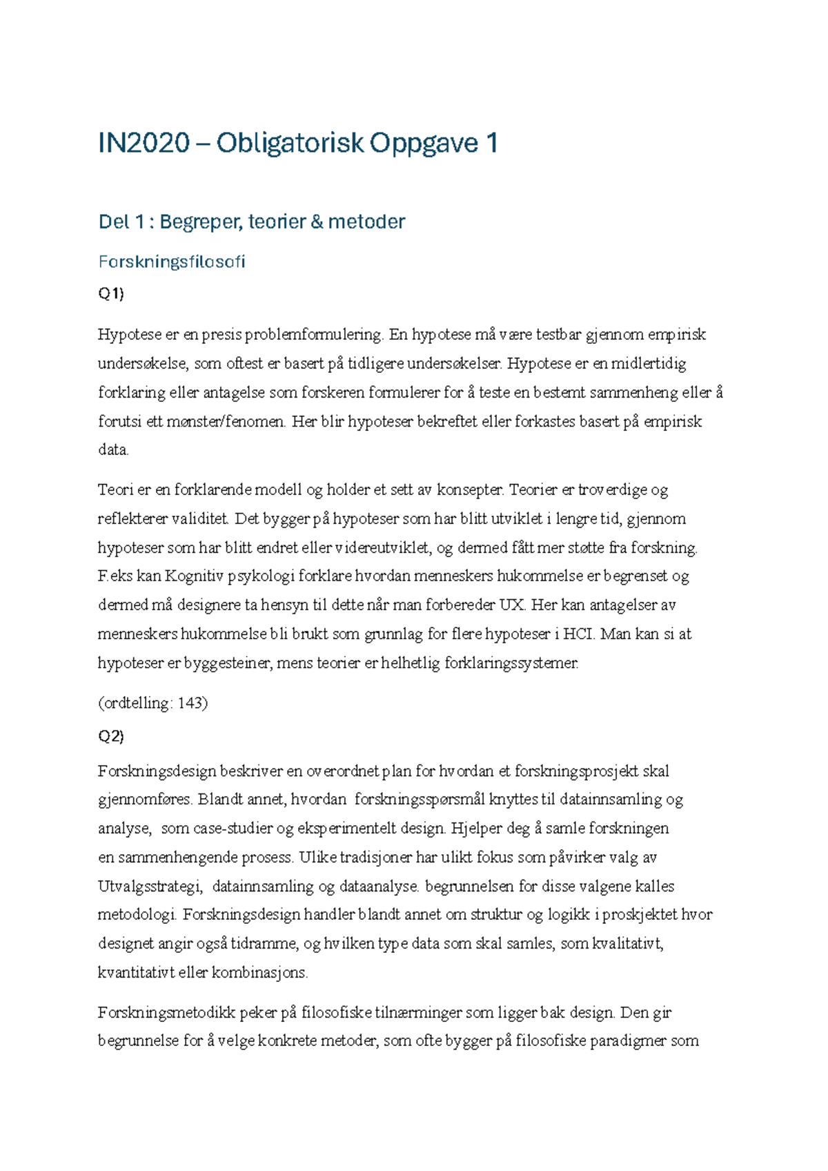 IN2020 Obligatorisk Oppgave 1: Forskningsmetoder og Hypoteser - Studocu