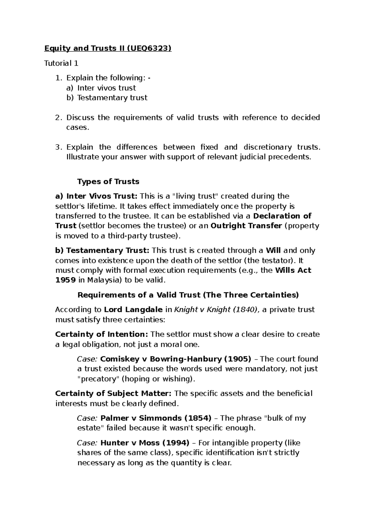 Equity and Trusts II (UEQ6323) Tutorial 1: Types and Validity of Trusts ...