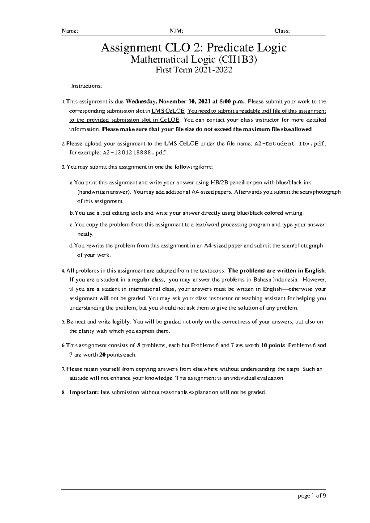 MATHEMATICAL LOGIC (CII1B3) A2 - PREDICATE LOGIC ASSIGNMENT - Studocu