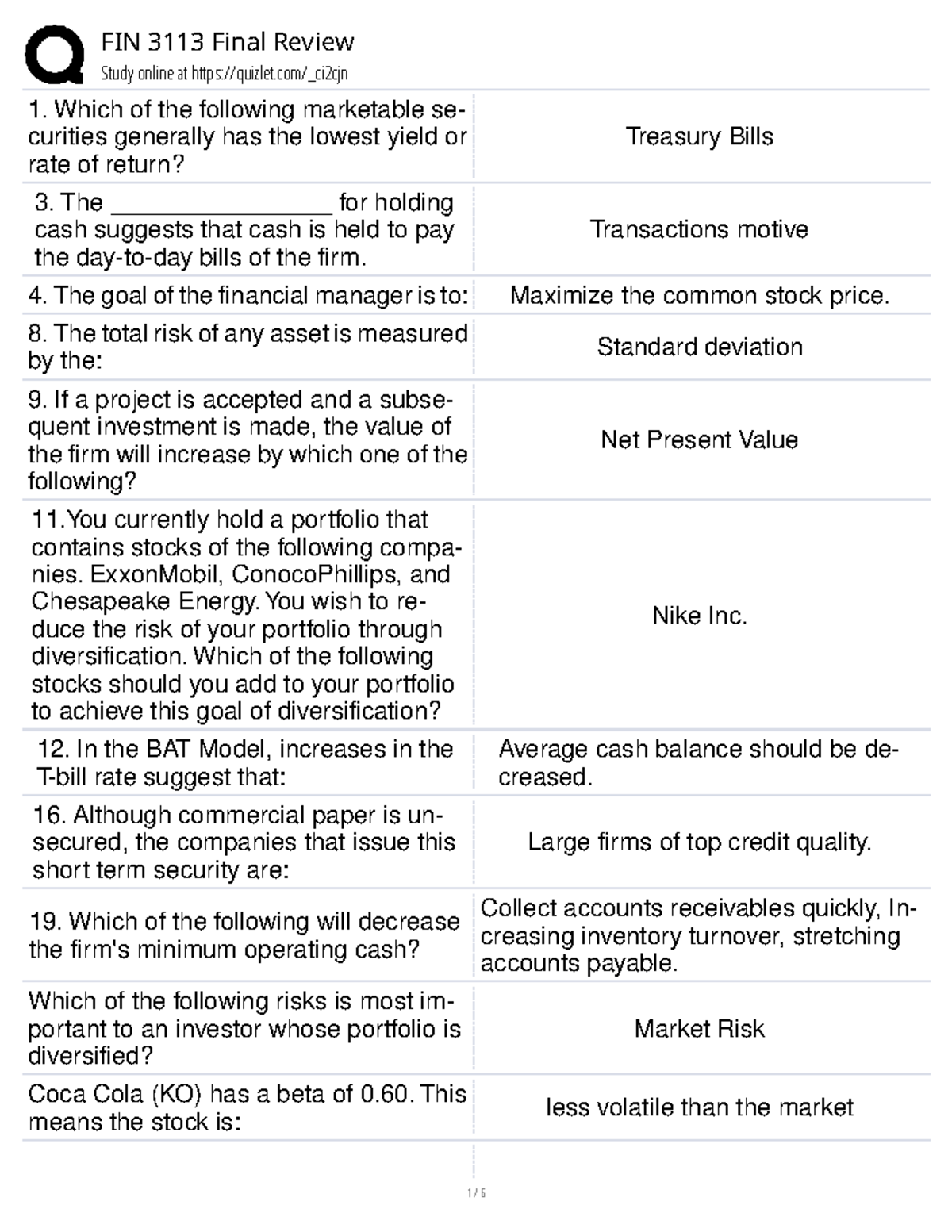 FIN 3113 Final Exam Review: Essential Concepts & Practice Q&A - Studocu