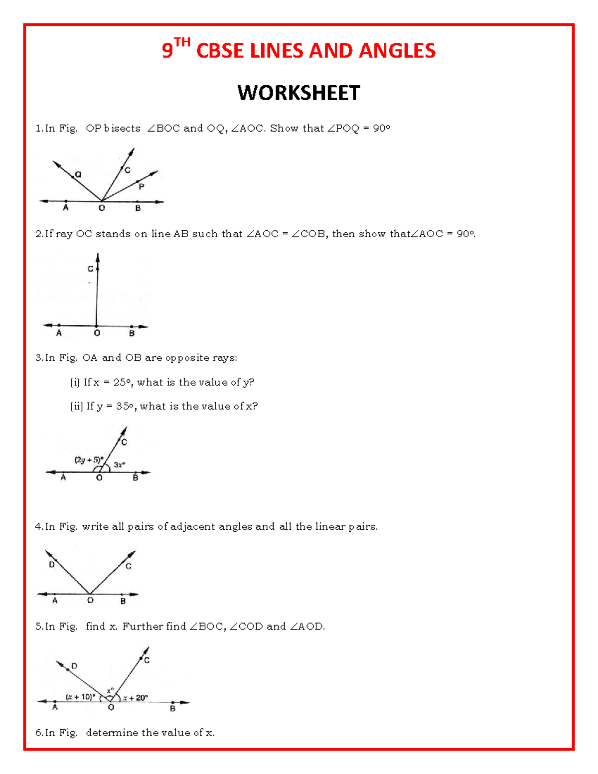 9TH CBSE Lines and Angles Worksheet 1 - Practice Problems and Solutions ...