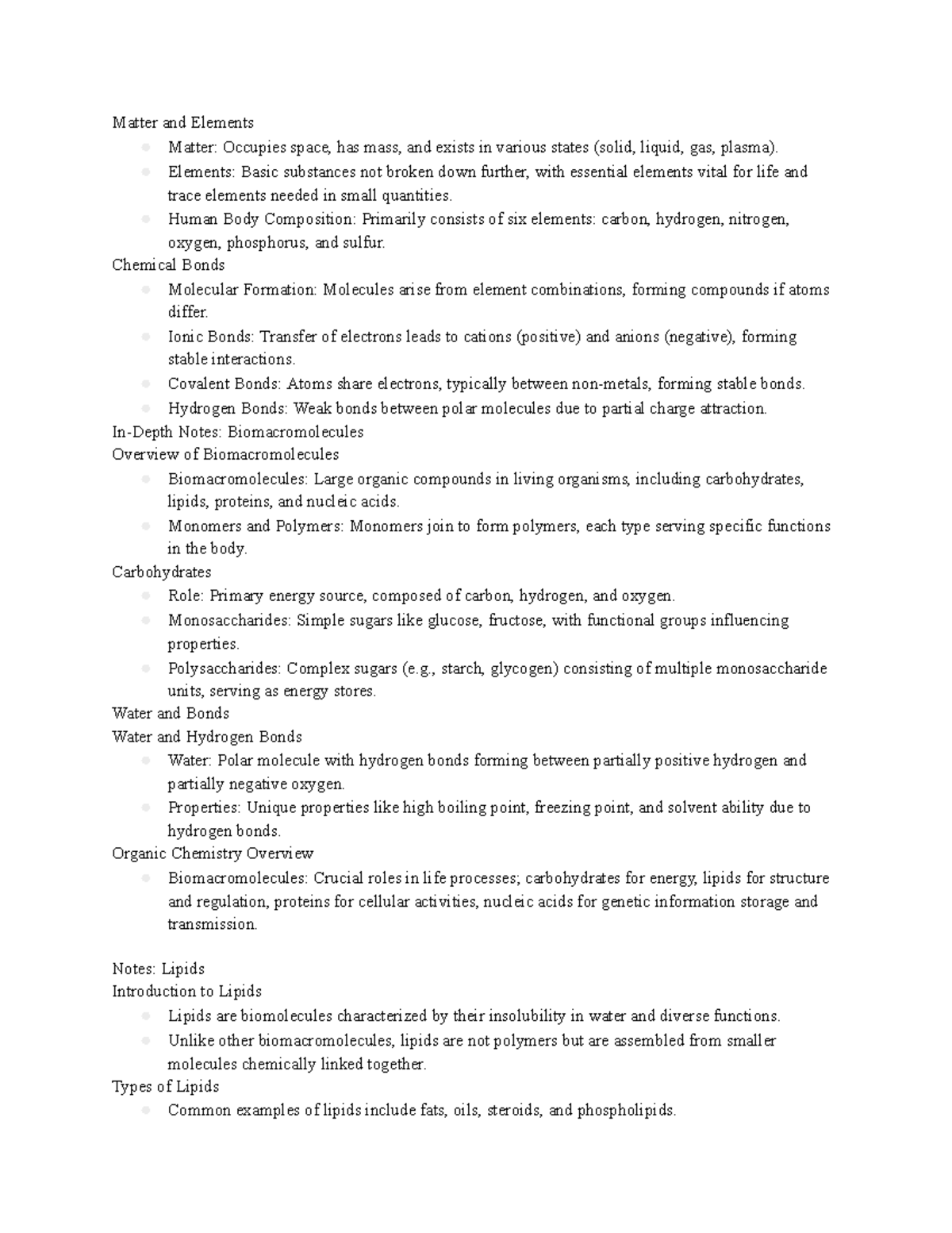 BIO 101 - Comprehensive Guide to Matter, Elements, and Biomolecules ...