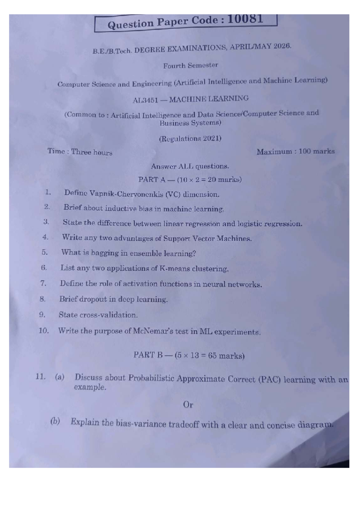 AL3451 Machine Learning April-May 2026 Question Paper - Studocu