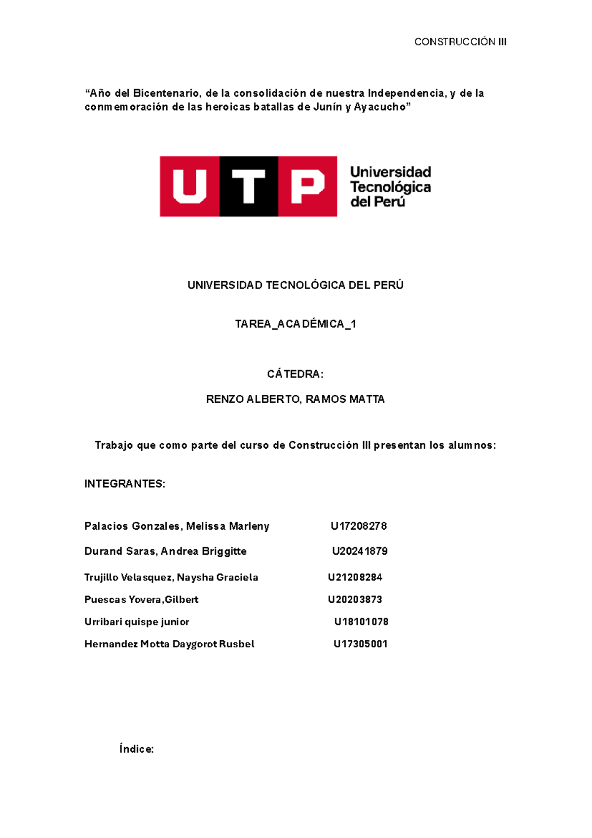 Construcción III - Tarea Académica 1 (TA1): Proyecto Educativo en El Porvenir - Document Preview