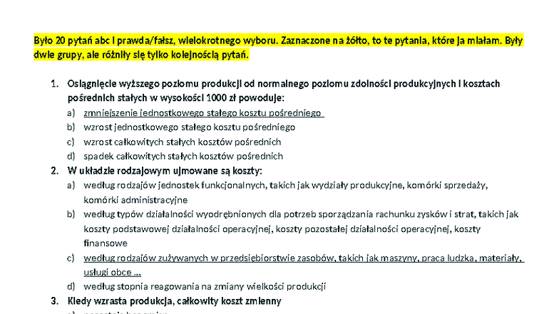 Baza pytań do egzaminu z rachunku kosztów (RACH 101) - Studocu