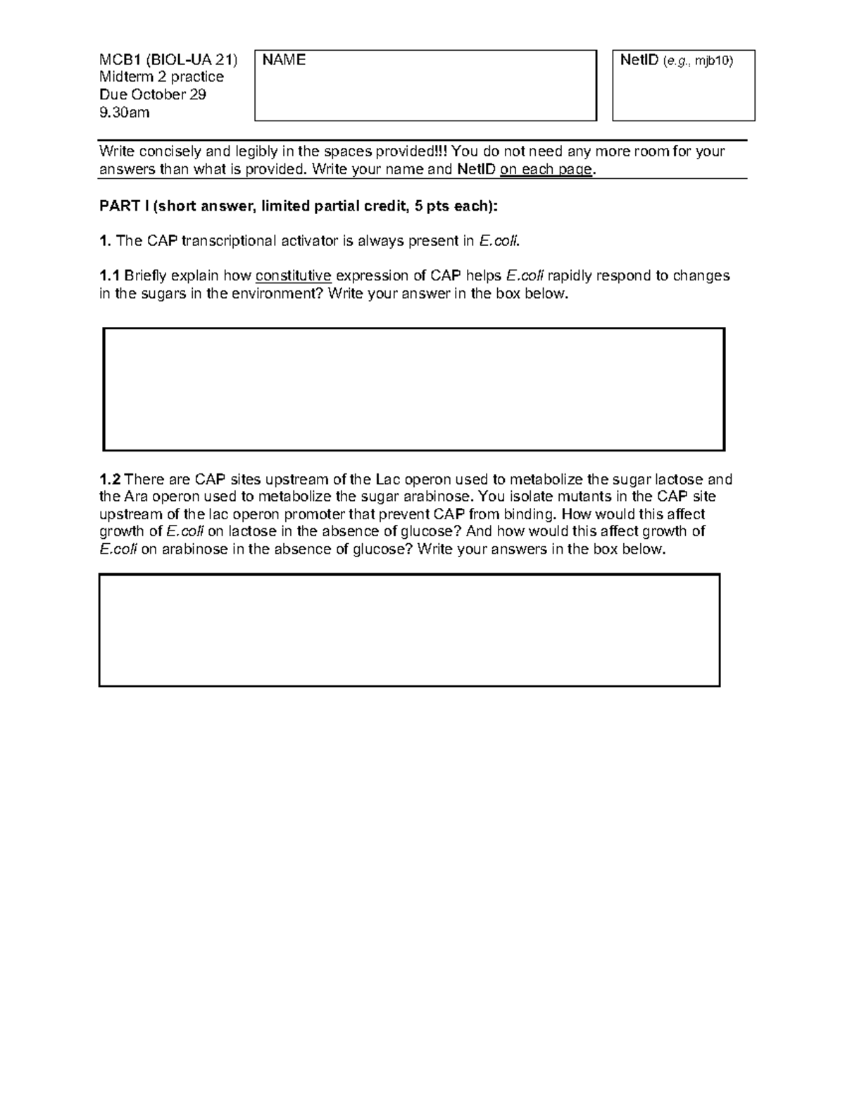MCB1 21) Midterm 2 Practice Exam - Due Oct 29, 9:30 AM - Studocu