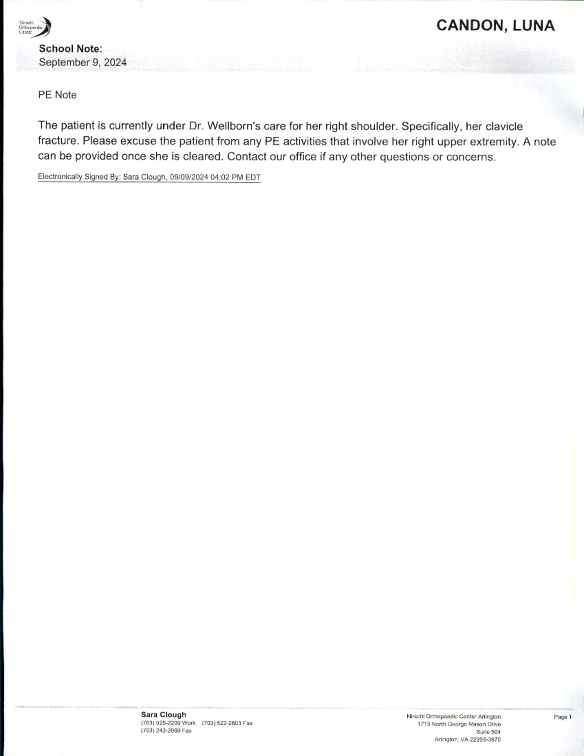 Nirschl Orthopaedic PE Note for Candon, Luna - Shoulder Injury Excuse ...