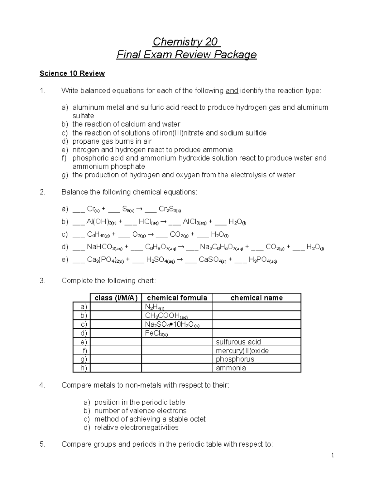 Chem20 Final Exam Review Package: Key Concepts and Problem Solving ...