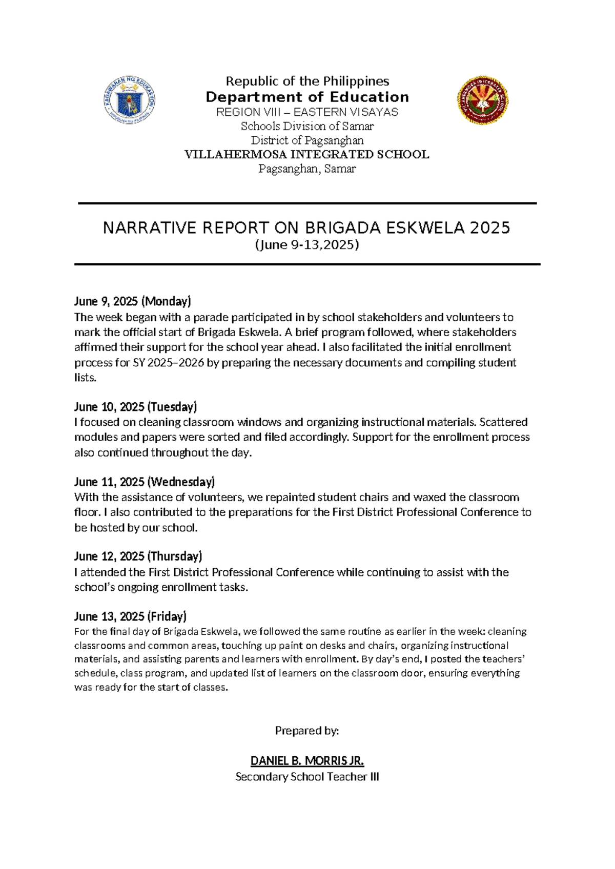 Narrative Report on Brigada Eskwela 2025 - VILLAHERMOSA INTEGRATED ...