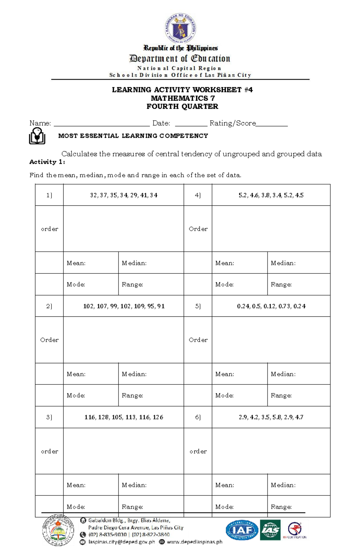 Quarter-4-LAW4-2021-2022 Math 7 Learning Activity Worksheet - Studeersnel