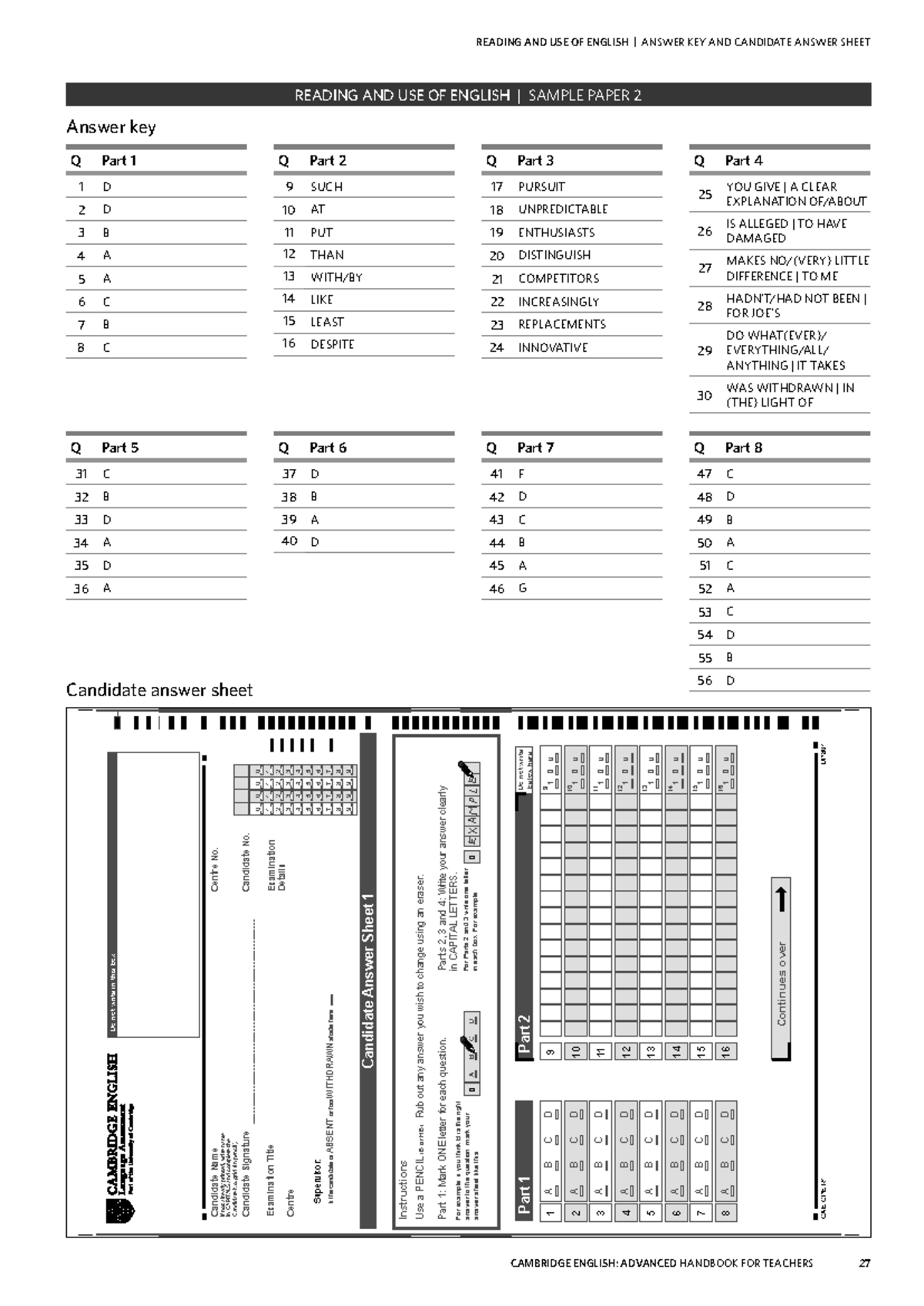 CAMBRIDGE ENGLISH ADVANCED 2015 SAMPLE PAPER 2 ANSWER KEYS V2 - Studocu