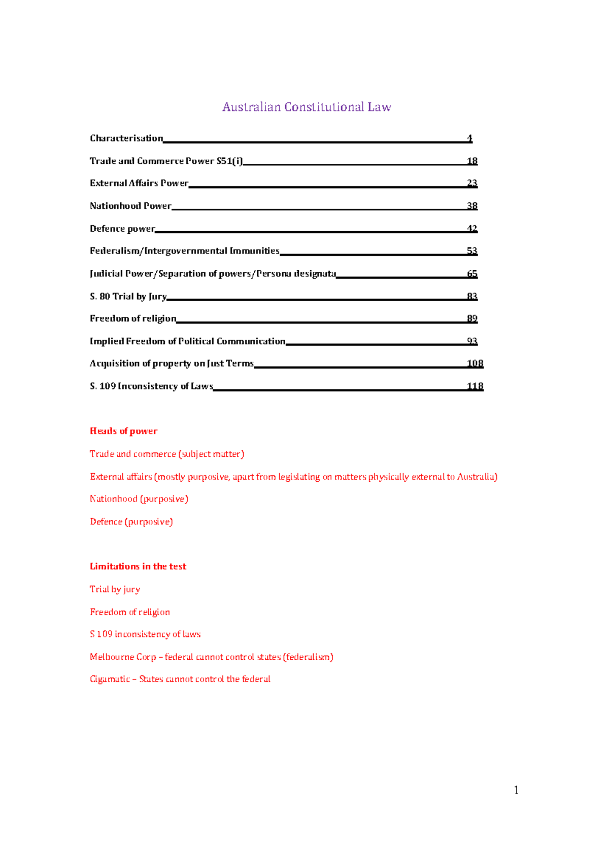 Australian Constitutional Law: Characterisation of Powers and ...