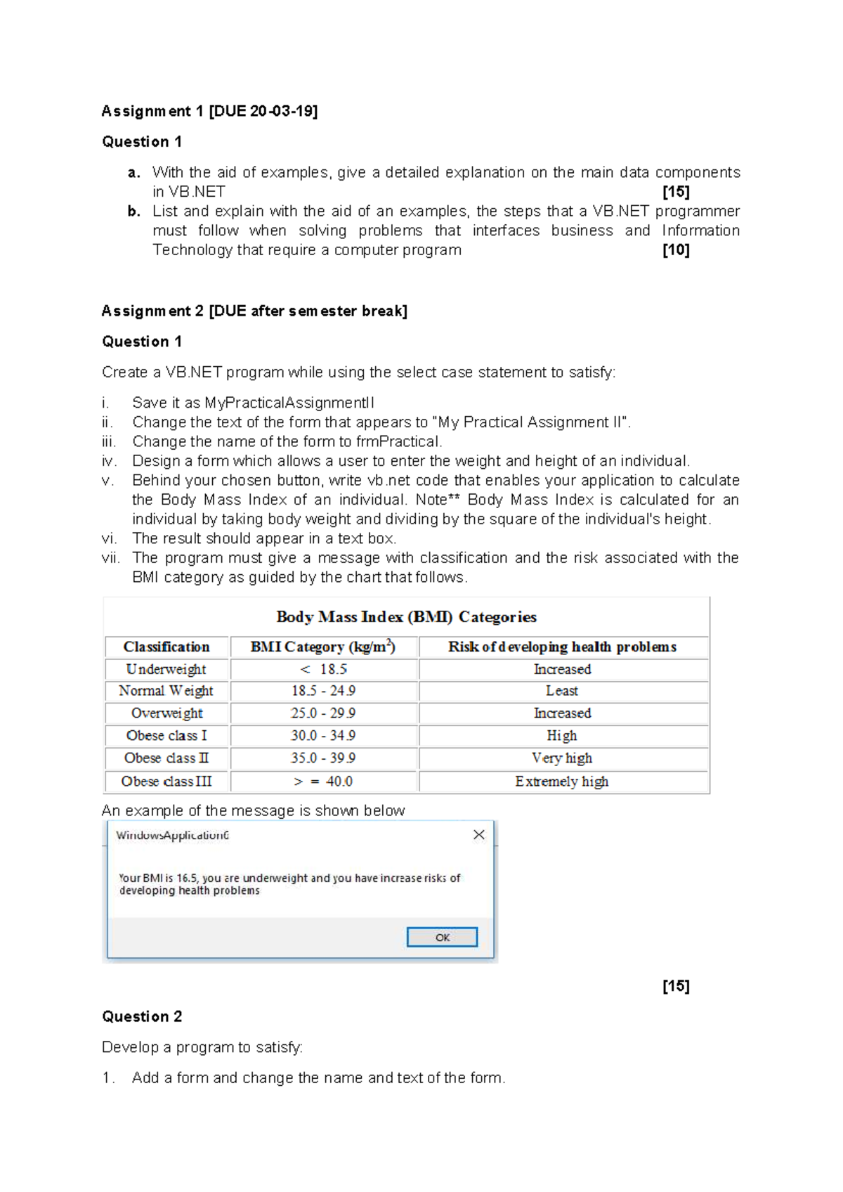 INFO202 Assignment 1: VB.NET Data Components & BMI Program Development ...