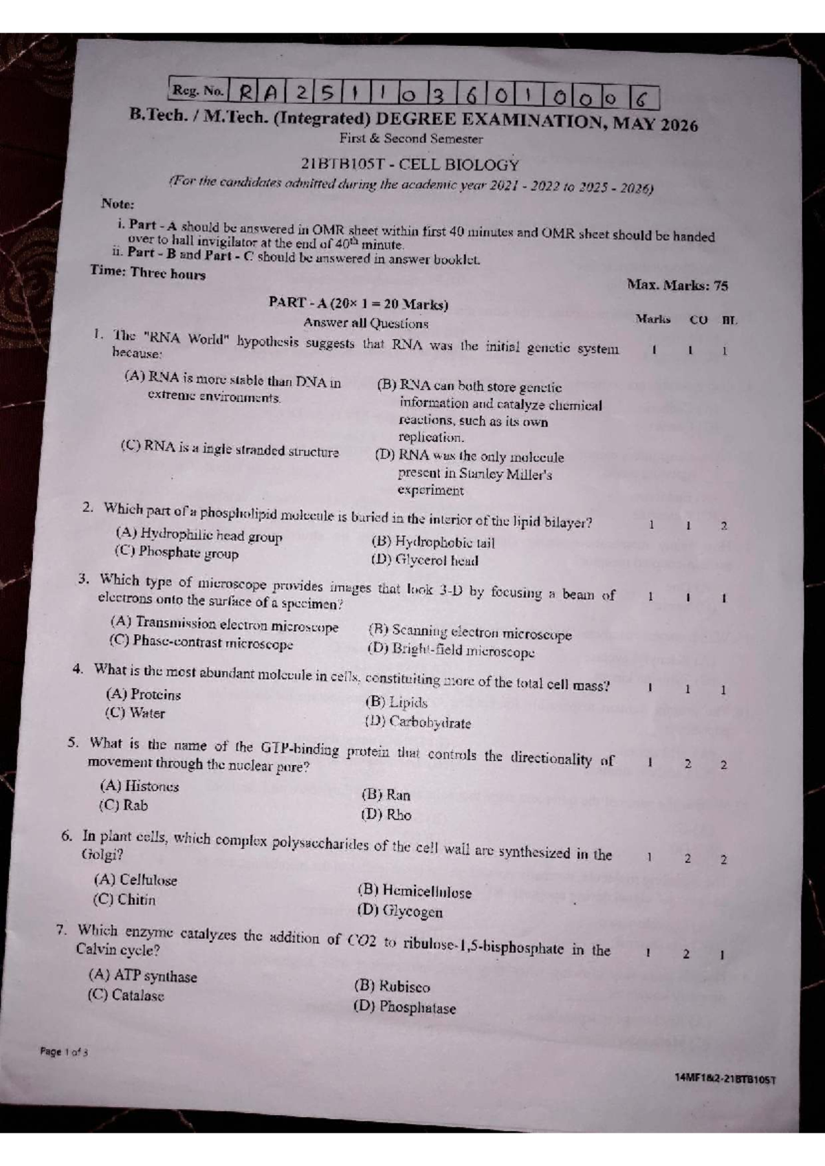 21BTB105T Cell Biology End Semester Question Paper - May 2026 - Studocu