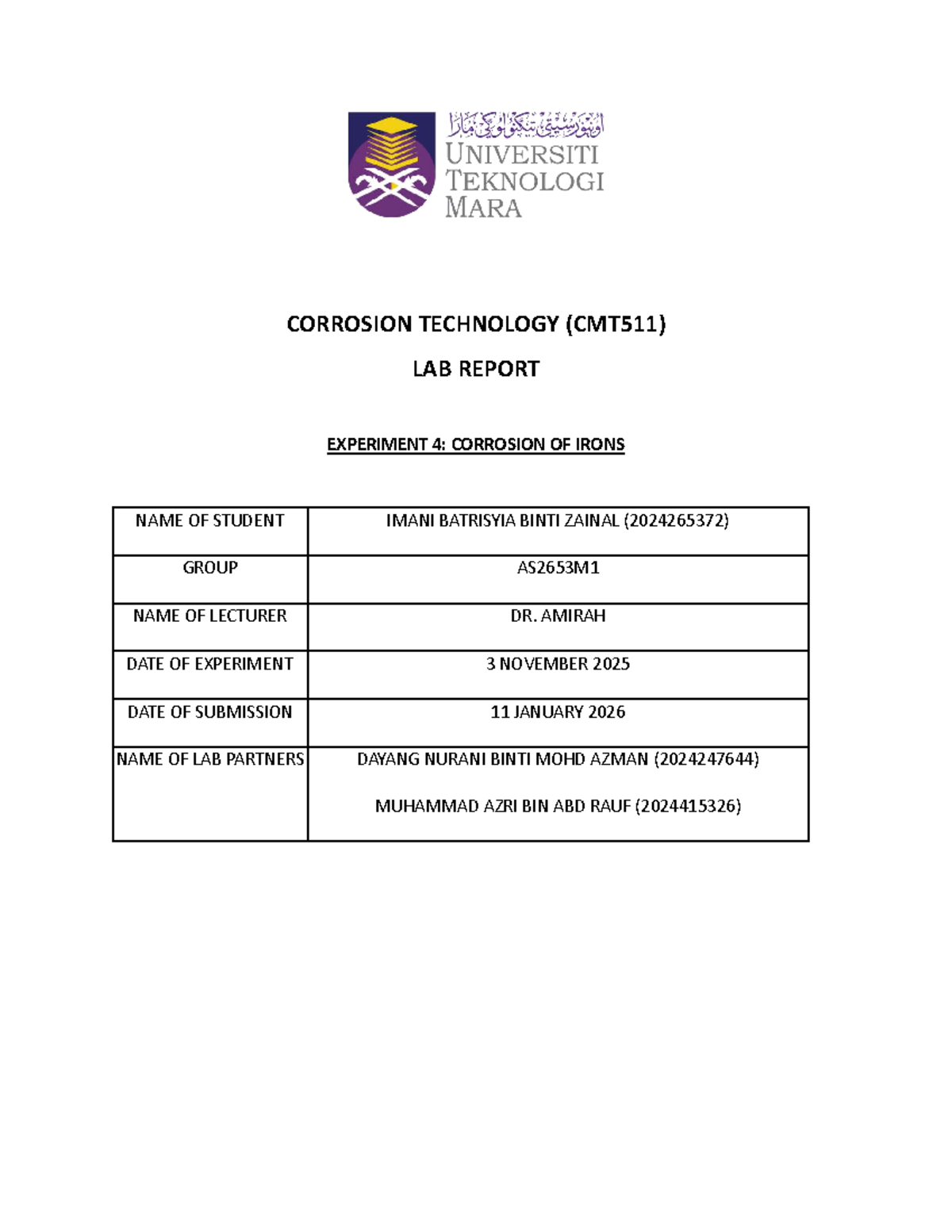 CMT511 Lab Report: Experiment 4 on Iron Corrosion Analysis - Studocu