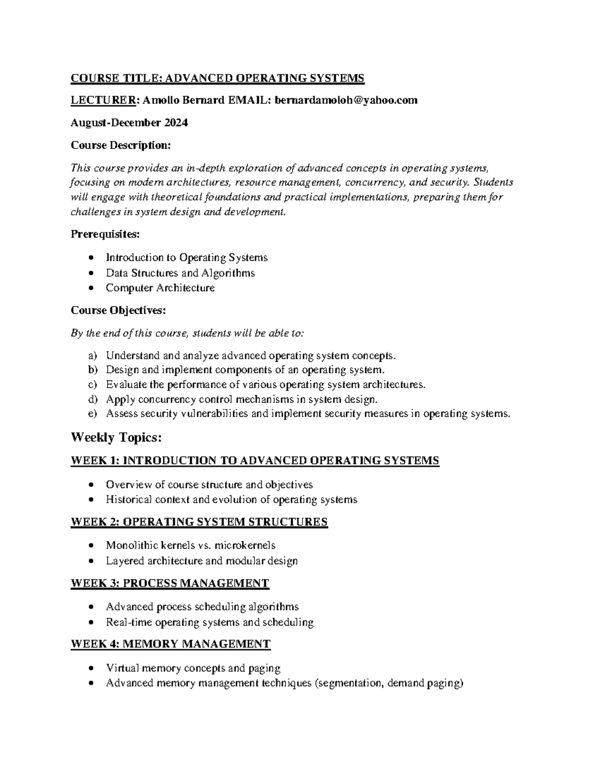 Advanced Operating Systems (COSC3001) Lecture Notes - 2024 - Studocu