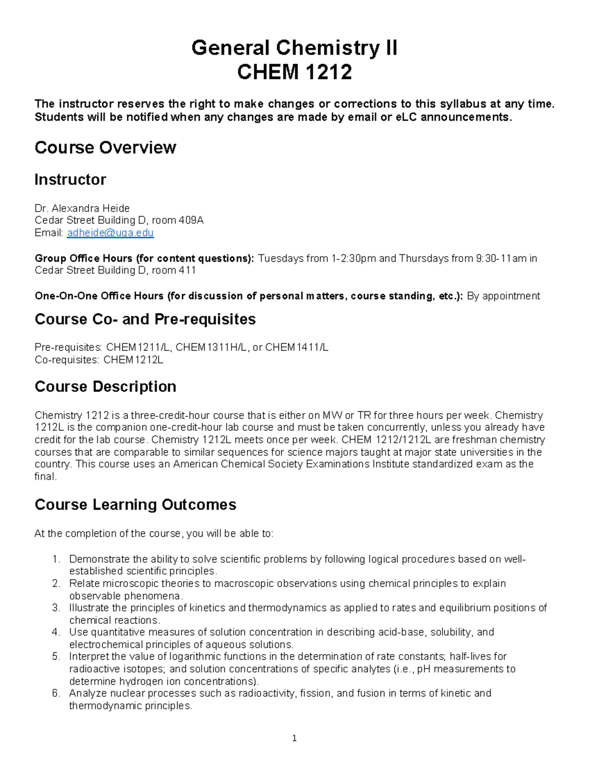CHEM 1212 Syllabus for General Chemistry II - Spring 2026 - Studocu