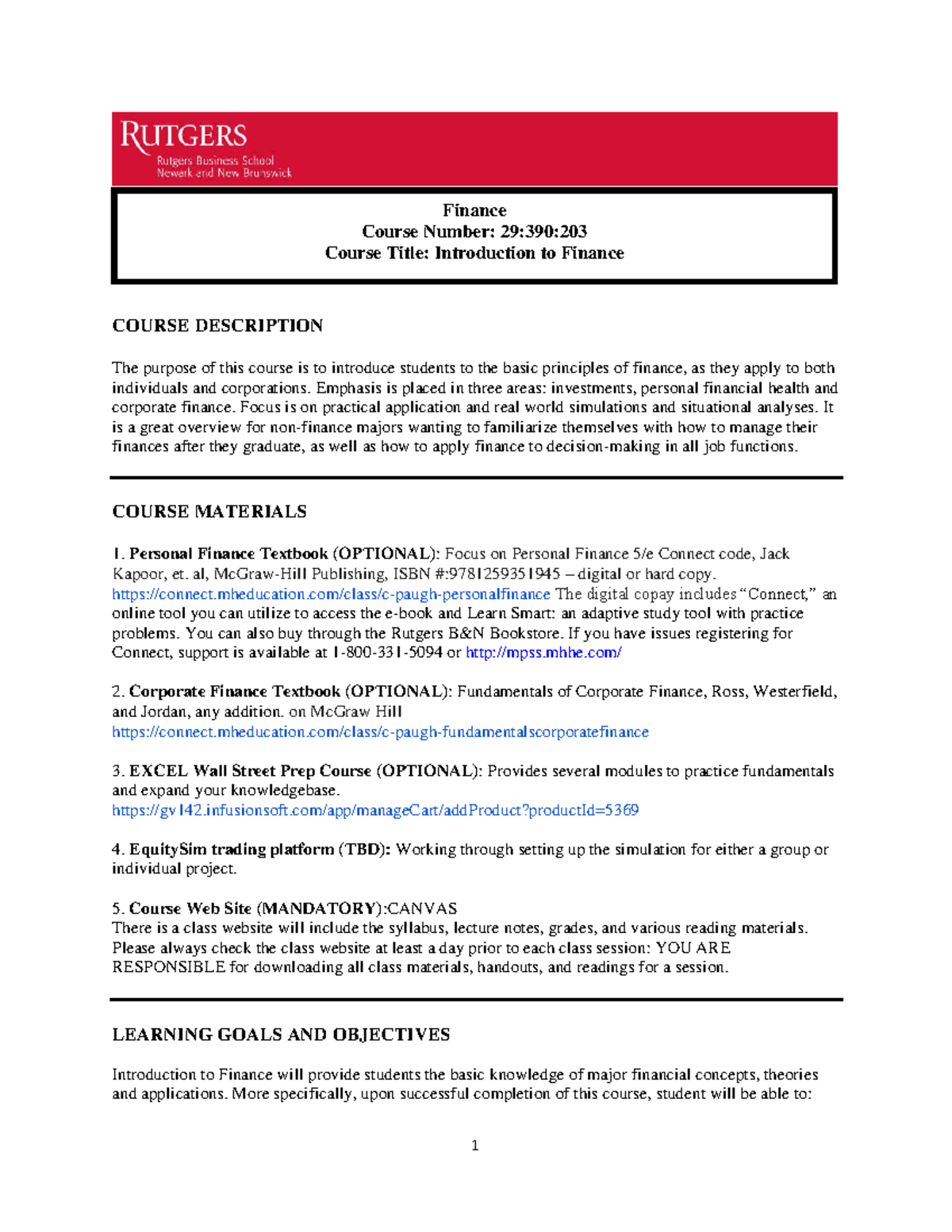 29:390:203 - Introduction to Finance Course Syllabus - Studocu