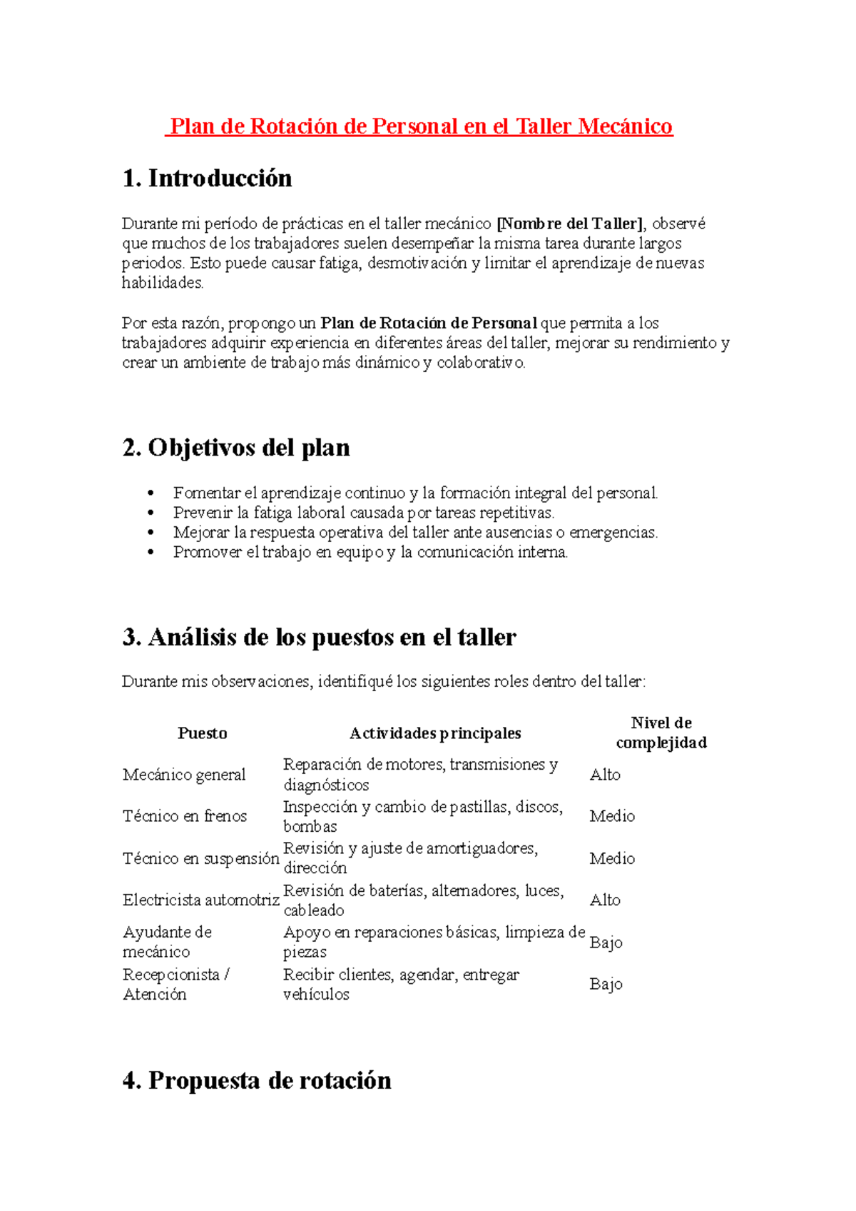 Plan de Rotación de Personal en Taller Mecánico - Trabajo 11 - Studocu