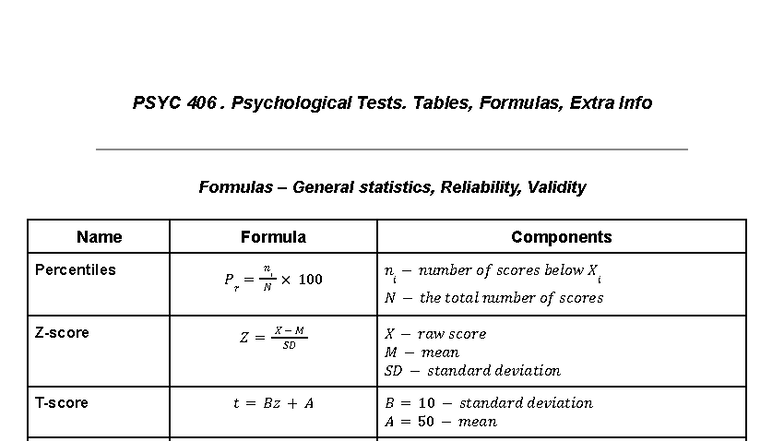 PSYC 406 Psychological Tests: Key Tables & Formulas Guide - Studocu
