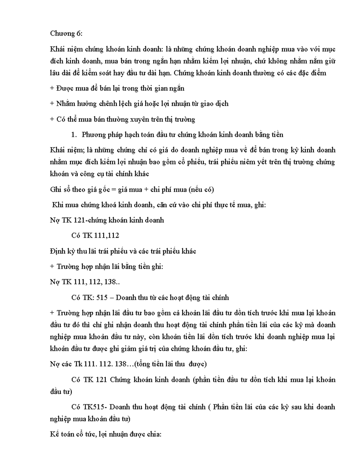 Chương 6: Khái niệm và Phương pháp Kế toán Chứng khoán Kinh doanh - Studocu