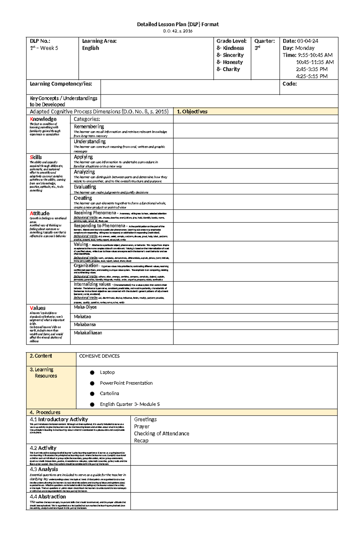 Detailed Lesson Plan for English 8 - Week 5: Values & Skills ...