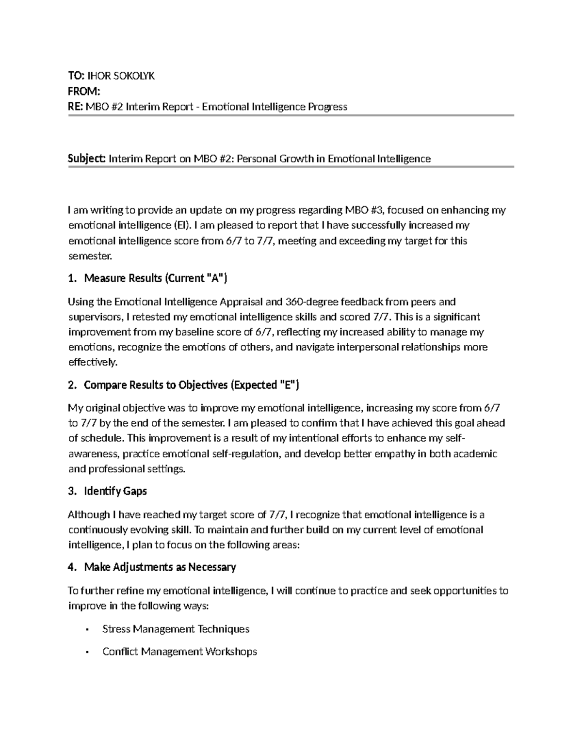MBO 2 Assignment - Interim Report on Emotional Intelligence Progress ...