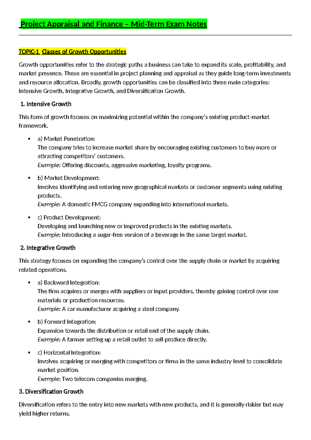 Project appraisal and finance exam notes on growth opportunities - Studocu