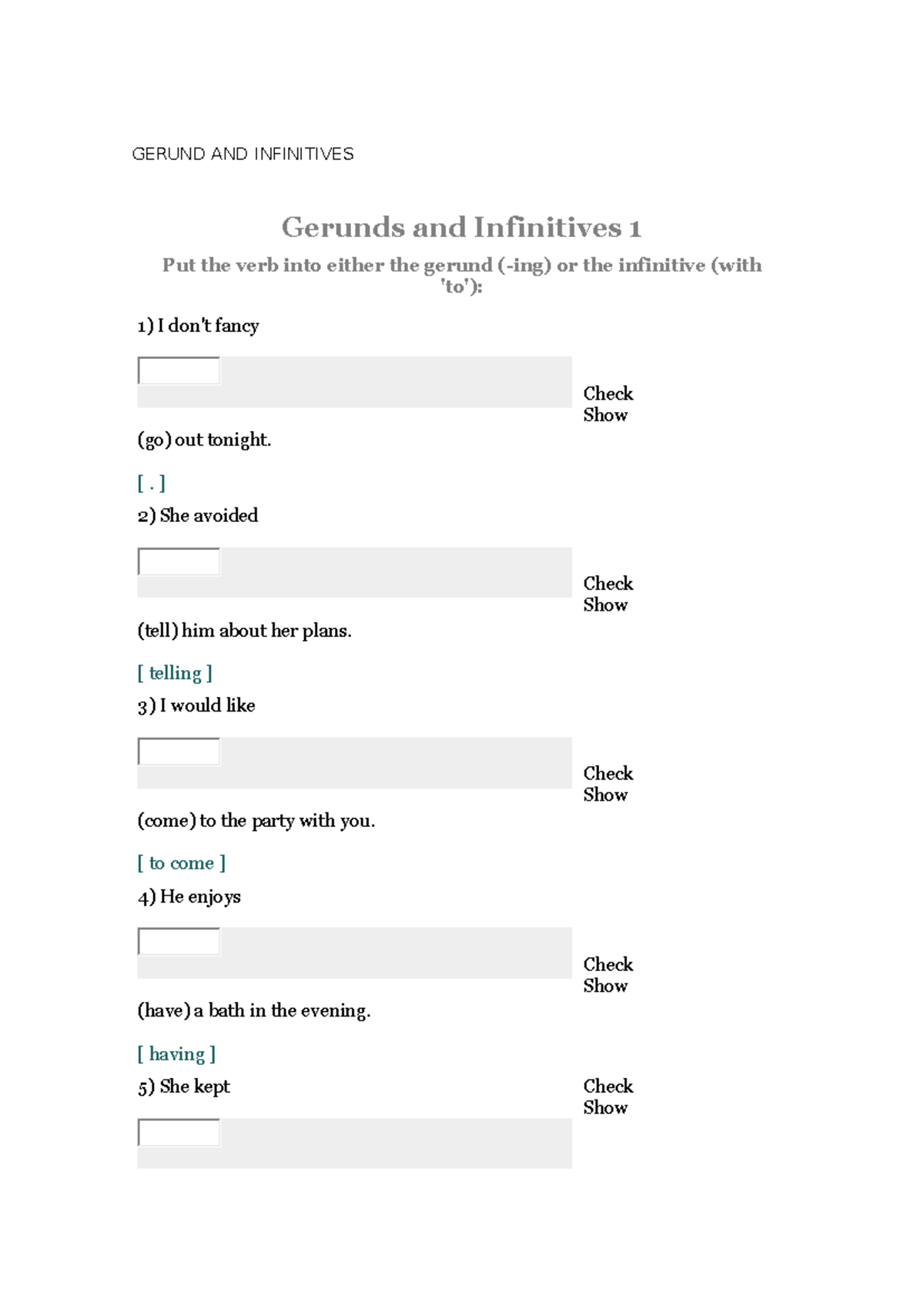 GER 101: Gerunds and Infinitives Practice Exercises - Studocu