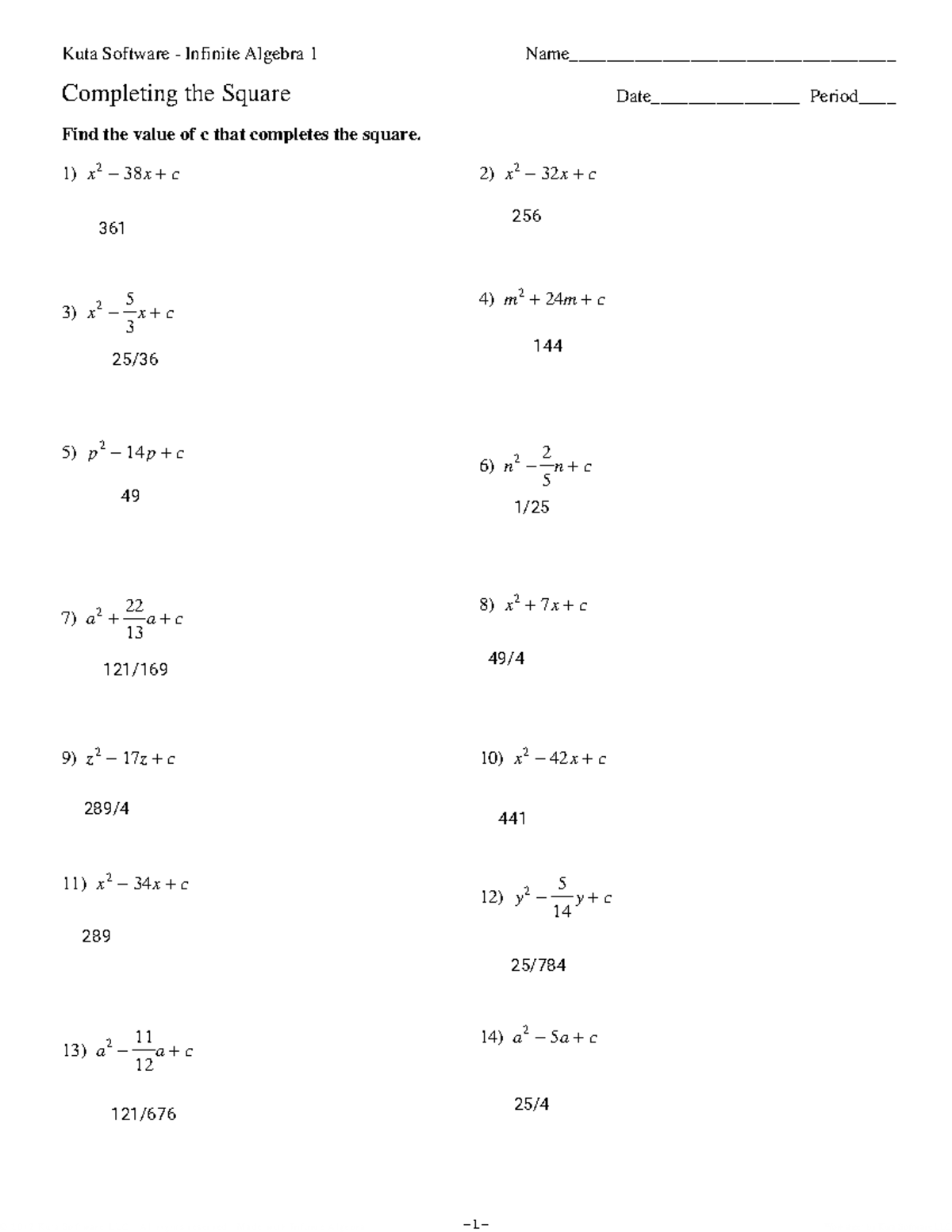 Complete the Square - Assignment for Algebra 1 - Studocu