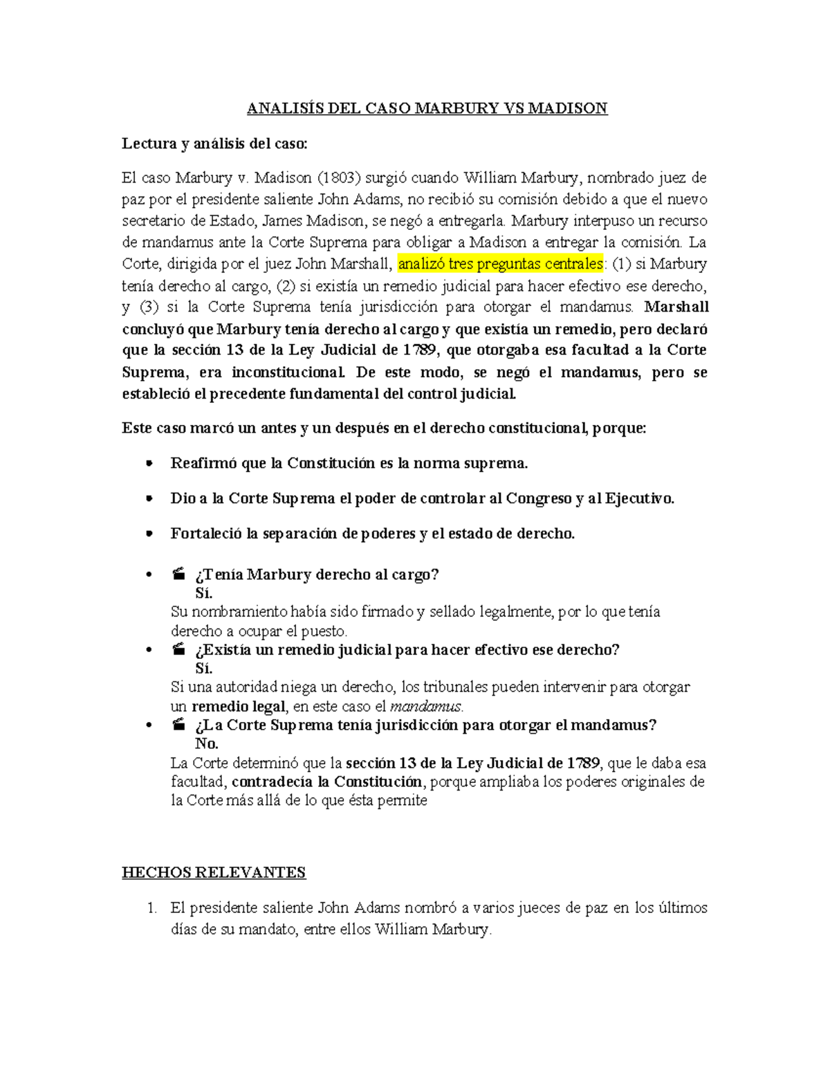 Análisis del Caso Marbury vs Madison: Control Judicial y ...