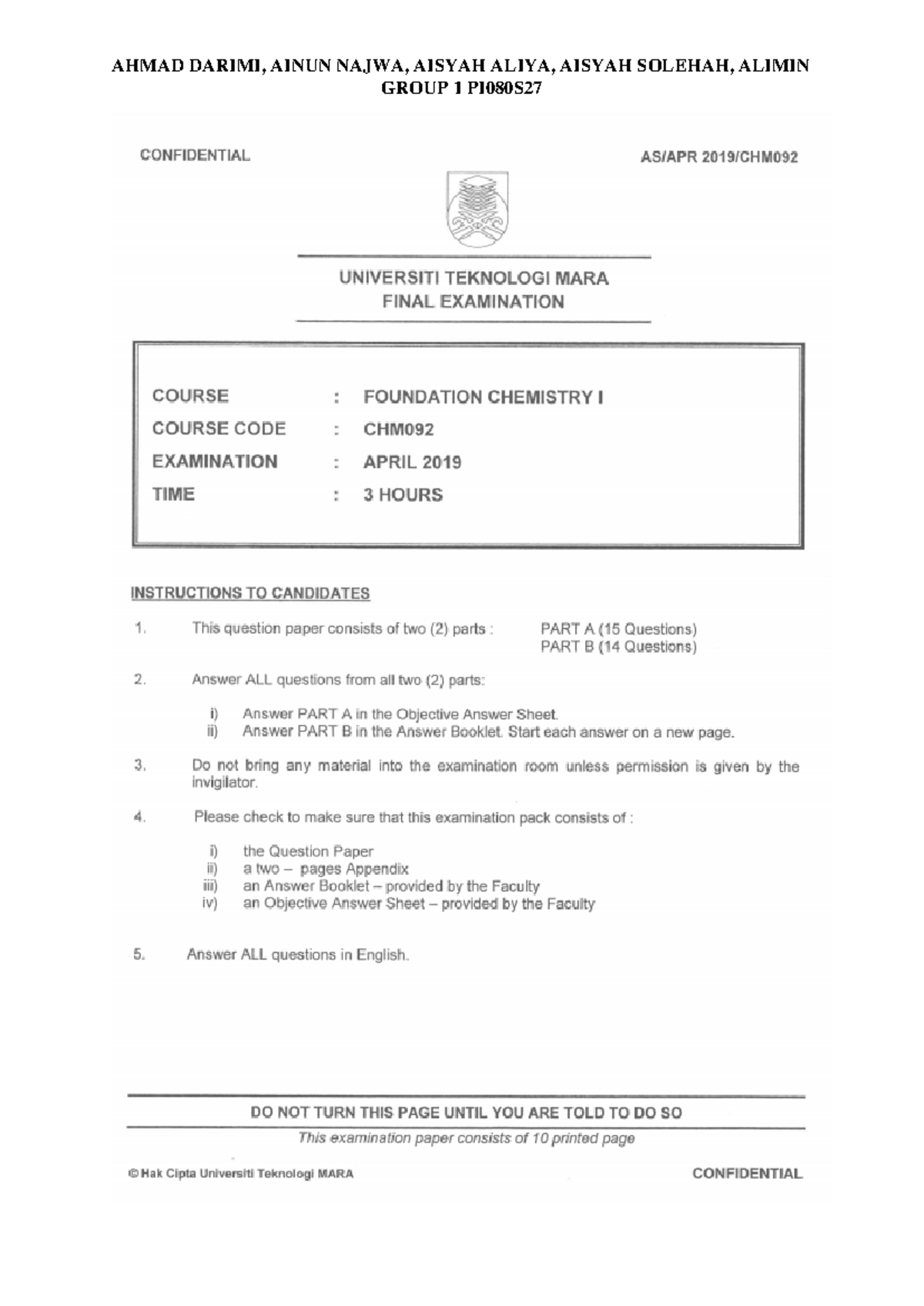CHM092 April 2019 Group 1 Answers and Explanations - Studocu