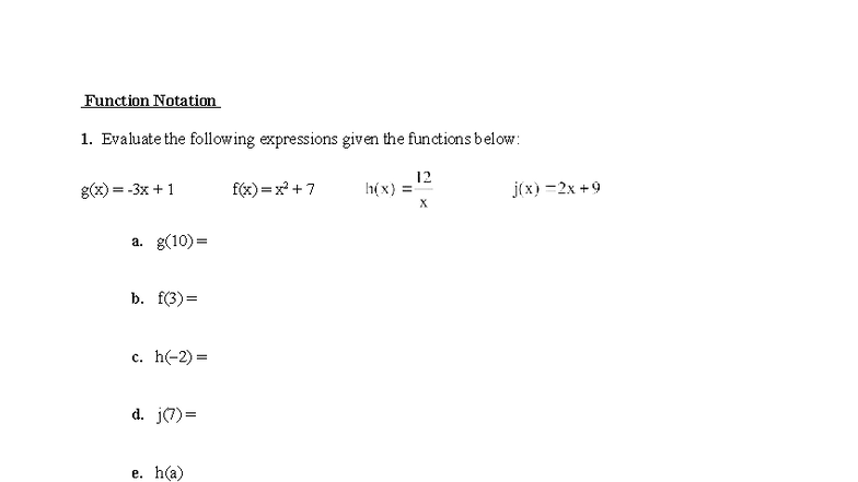Function Notation Worksheet: Evaluating Expressions and Points - Studocu