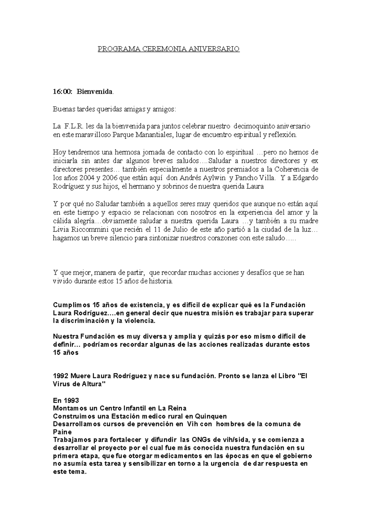 Programa Ceremonia Aniversario 15 Años de la F.L.R. - Studocu