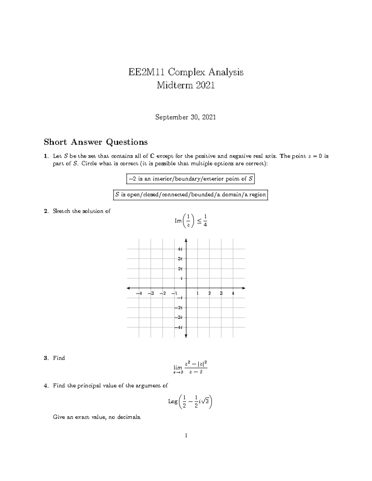 EE2M11 Complex Analysis Midterm Exam Short Answer Questions - Studeersnel