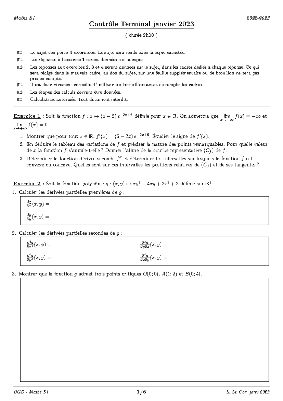 CT Maths S1 Terminal Janv 2023 - Examen Complet avec Exercices - Studocu