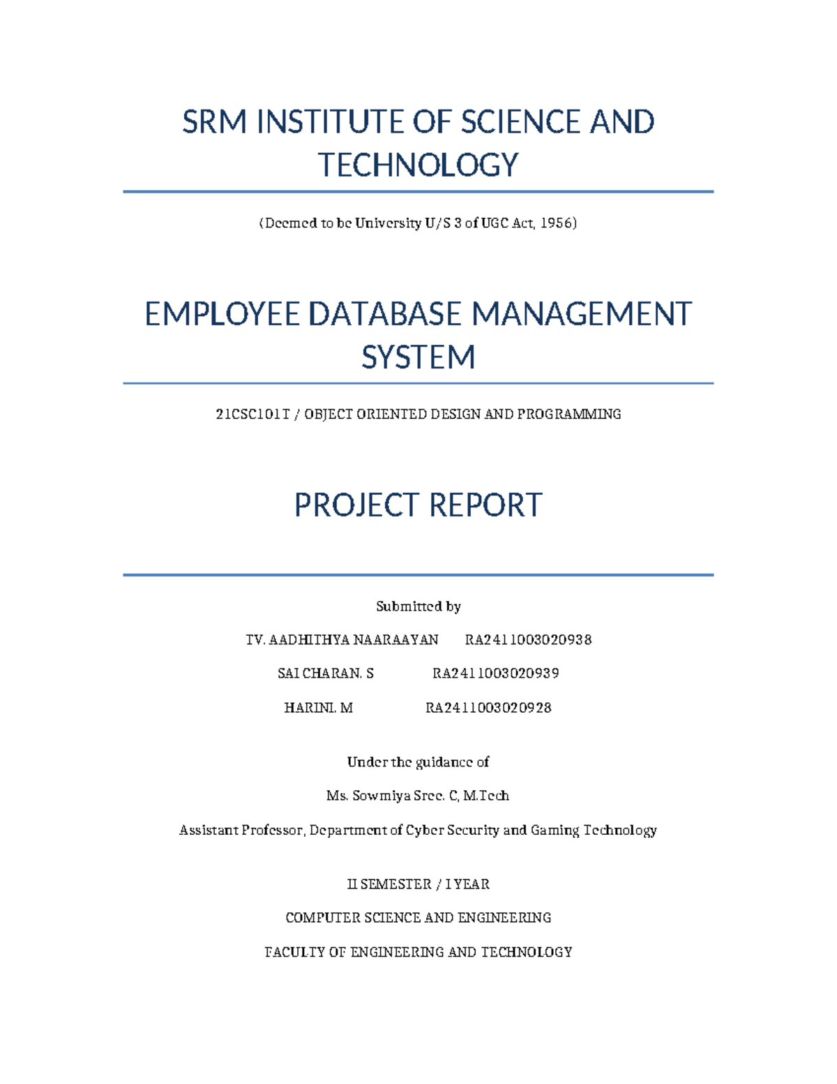 Employee DBMS Project Report - 21CSC101T OOP Design & Implementation ...